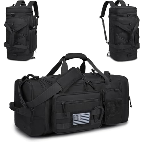 3 in 1 Tactical Gym Bag Backpack for Men 40-45L Expandable Travel Duffle Bag for Women Military Sport Duffel Bags Weekend Overnight with Shoe Compartment & Wet Pocket for Fitness, Black - color: Black