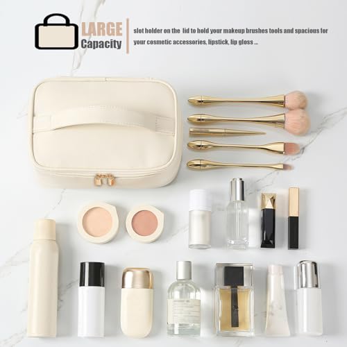 Meiyuuo Makeup Bag Large Cosmetic Bags for Women Girls Cute Travel Zipper Pouch Toiletry Organizer for Beauty Essentials Waterproof (Beige) - color: Light Beige