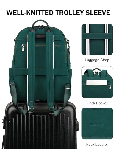 FADEON 15.6 inch Laptop Backpack Purse for Women Designer PU Leather Computer Backpacks Fashion for Work Travel Green - color: Dark Green Nubuck Style