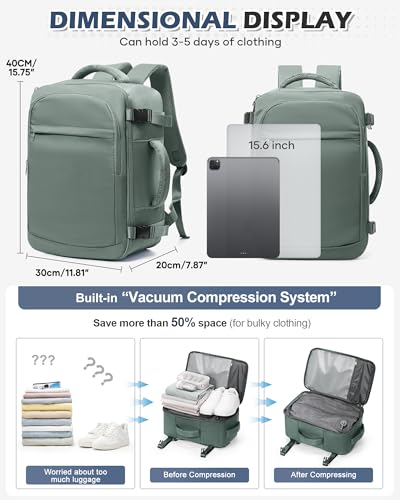 VGCUB Vacuum Backpack Travel with Pump, 40L Carry On Travel Backpack Flight Approved TSA, Vacuum Seal Compression Bags for Clothing, Waterproof Personal Item Bag for Women Men Dark green - color: A-dark Green With Vacuum Bag