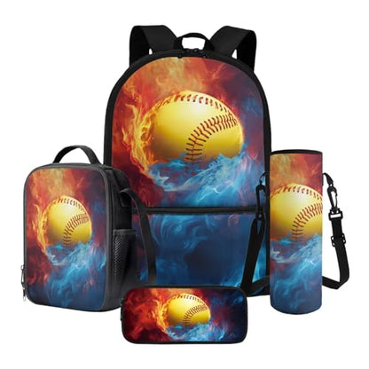 Yellow Baseball Flame Backpack for Child 4 Pieces Zippered Bookbag Set with Lunch Bag Pencil Case Kids School Bag Water Bottle Sleeve Casual Preschool Backpack - color: Yellow Baseball Flame