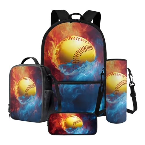 Yellow Baseball Flame Backpack for Child 4 Pieces Zippered Bookbag Set with Lunch Bag Pencil Case Kids School Bag Water Bottle Sleeve Casual Preschool Backpack - color: Yellow Baseball Flame