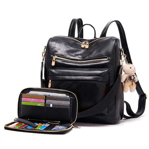 Soperwillton Women Backpack Purse Multipurpose Design Handbags Shoulder Bag PU Leather Travel bag Backpack Set 2pcs - color: Black