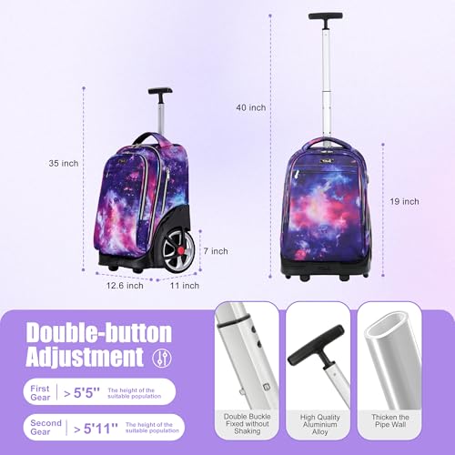 NEW TILAMI 19 Inch Rolling Backpack with Lunch Bag for Girls Boys Wheeled Laptop Backpack Durable Carry-on Bag School Travel, Purple Starry - color: Purple Starry