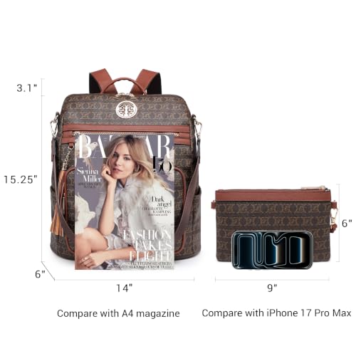 Women's Convertible Backpack Purse, Large Leather Travel Backpack 2PC Set - color: Coffee