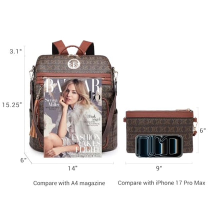 Women's Convertible Backpack Purse, Large Leather Travel Backpack 2PC Set - color: Coffee