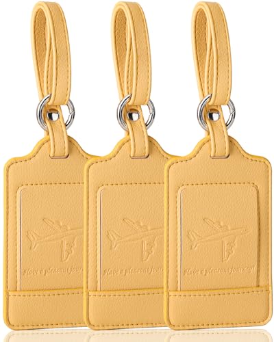 3 Pack Luggage Tags - Quick Install, Privacy Protection, Airplane Travel Essentials for Suitcases, Durable Leather - Lichee Yellow - color: Lichee Yellow