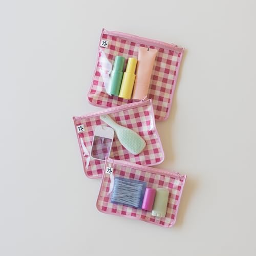 Tiny Twinkle Diaper Bag Organizing Pouches|3 Pack Mess-Proof Clear Front Travel Organizer Bags&TSA Approved Toiletry Bag Set for Baby and Mom Essentials - color: Raspberry Gingham
