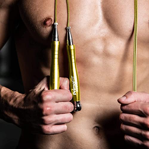 PrimaFIT Jump Rope Pro Speed Skipping Rope Adjustable Adult Jumping Rope Weighted Aluminium Handles for Double Dutch Boxing Workout Crossfit Exercise Fitness Spare Cable Weights Protectors Carry Bag - color: Golden