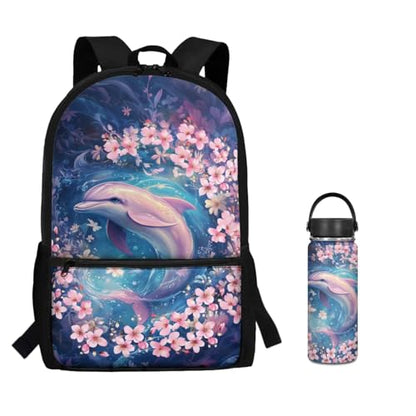ZOUTAIRONG Girls School Bags Insulated Water Bottle for Hot & Cold Drinks, Cherry Blossom Dolphin Printed Lightweight Casual Backpack with 2 Side Pockets for Thermos - color: Cherry Blossom Dolphin