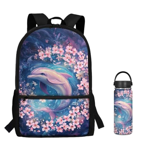 ZOUTAIRONG Girls School Bags Insulated Water Bottle for Hot & Cold Drinks, Cherry Blossom Dolphin Printed Lightweight Casual Backpack with 2 Side Pockets for Thermos - color: Cherry Blossom Dolphin