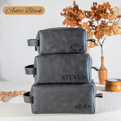 Personalized Handcrafted Leather Toiletry Bag for Men, Custom Shaving, Travel Dopp Kit, Grandpa, Dad, Husband, Father, Him, Boyfriend, Groomsmen, Birthday, Wedding, Graduation, Retirement Gifts - color: Personalized Gifts