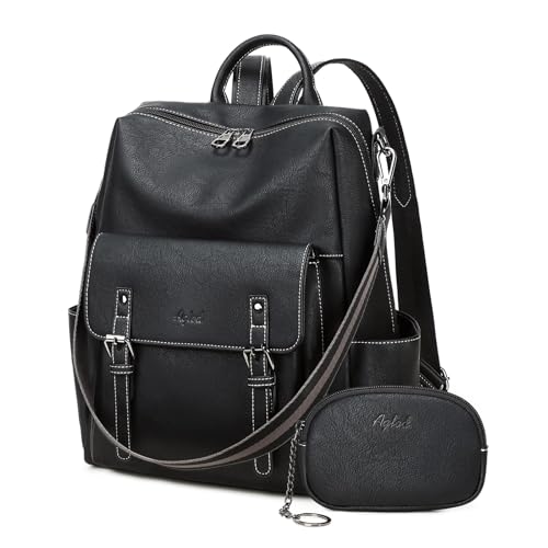 AGLOD Backpack Purse for Women PU Leather Back Packs Designer Ladies Shoulder Bag Fashion Faux Work Travel Handbags - color: Black