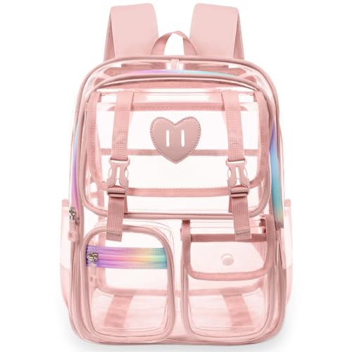 Clear Backpack for Girls Women Heavy Duty Transparent Bookbag School Backpack with Mesh Pockets Stadium Approved See Through Backpack (Pink) - color: Pink
