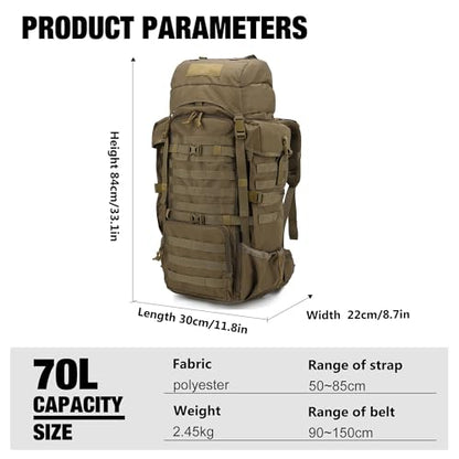 Mardingtop 70L Internal Frame Backpack for Hunting,Camping,Hiking Backpacking Backpack with Rain Cover - color: Khaki