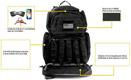 K-Cliffs Tactical Range Backpack – Lockable Bag for 5 Handguns Pouches – 900D Water‑Resistant with Rain Cover & USA Patch - color: Black With 5 Pouches