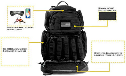 K-Cliffs Tactical Range Backpack – Lockable Bag for 5 Handguns Pouches – 900D Water‑Resistant with Rain Cover & USA Patch - color: Black With 5 Pouches