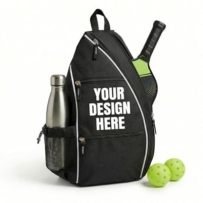 Personalized Pickleball Bag - Custom Paddle Backpack with Name or Logo, Crossbody Reversible Sling for Men & Women with Fence Hook and Water Bottle Holder - color: Black