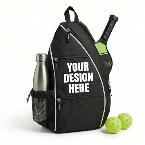 Personalized Pickleball Bag - Custom Paddle Backpack with Name or Logo, Crossbody Reversible Sling for Men & Women with Fence Hook and Water Bottle Holder - color: Black