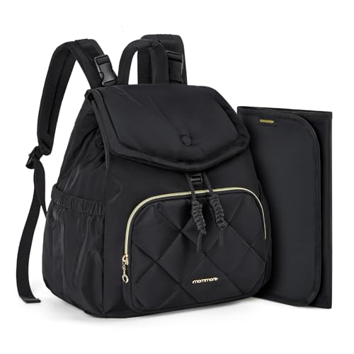 mommore Diaper Bag Backpack, Small Diaper Backpack for Travel, Drawstring Puffer Diaper Bag, Lightweight Quilted Baby Bag with Stroller Straps, Changing Pad - color: Drawstring-black