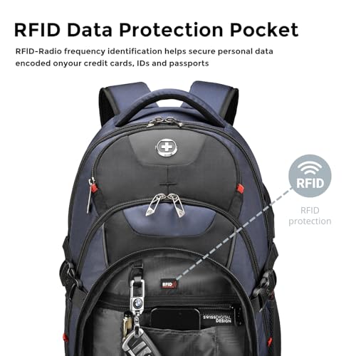 Swissdigital Design Laptop Backpack with USB Charging Port, Travel Backpack Fits 15.6 inches Computer, 31L College School Backpack for Men, Blue/Black | SD803-12 - color: Black/Blue