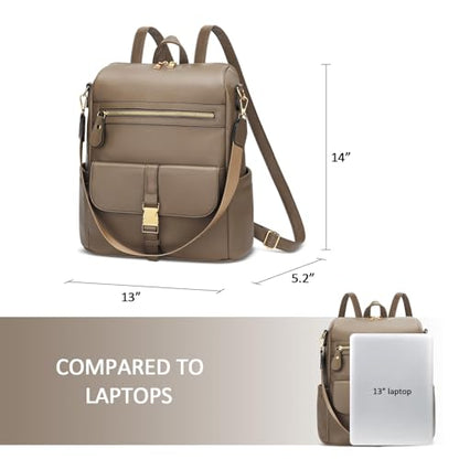 KKXIU Backpack Purse for Women - Multi-pocket Leather backpack for Travel, Work & School with Anti-Theft Lock Pocket, Luggage Strap & Water Bottle Pockets - 13x14x5.2 Inch, 1.67lb (Khaki) - color: Khaki