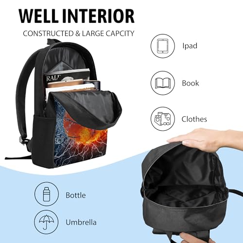 3PCS Basketball Backpack for Boys Girls Teens, School Backpack with Lunch Box Pencil Case for Elementary Middle High Students, 17 Inch Lightweight Bookpack 3 in 1 Set Back to Shool Supplies for Kids - color: Water Fire Basketball S01