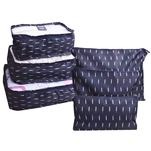 6 PCS Travel Suitcase Organizer Bags, Travel Organizer Packing Cubes Set Laundry Bags, Travel Clothes Storage Bag, Packing Organizer Compression Pouches for Traveller(Navy Blue Feather) - color: Navy Blue Feather