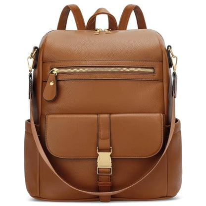 KKXIU Backpack Purse for Women - Multi-pocket Leather backpack for Travel, Work & School with Anti-Theft Lock Pocket, Luggage Strap & Water Bottle Pockets - 13x14x5.2 Inch, 1.67lb (Brown) - color: Brown
