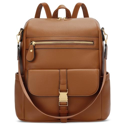 KKXIU Backpack Purse for Women - Multi-pocket Leather backpack for Travel, Work & School with Anti-Theft Lock Pocket, Luggage Strap & Water Bottle Pockets - 13x14x5.2 Inch, 1.67lb (Brown) - color: Brown