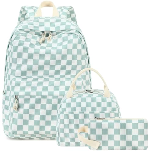 Bluboon School Backpack Set Girls Womens Laptop Bookbag Casual Daypack Fits 15 inch Laptop with Lunch Tote Bag and Pencil Bag - color: Mint Green White Checkered