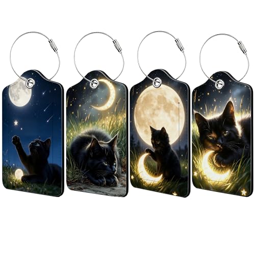Luggage Tags for Suitcases, 4 Pcs Luggage Tags with Privacy Cover and Durable Metal Ring for Travel, Name Address Tags for Men Women Kids Suitcase and Backpack (Black Cat and the Moon) - color: Black Cat and the Moon