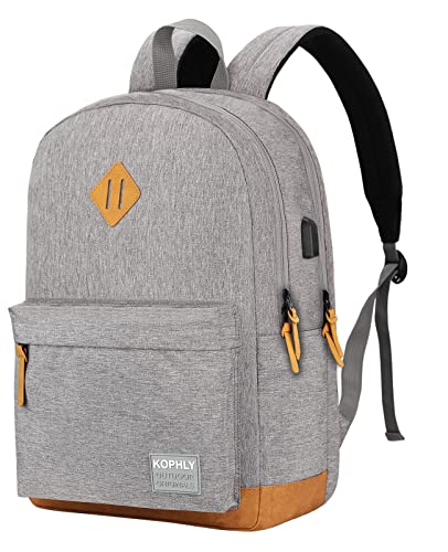 SUPACOOL Lightweight Laptop Backpack with USB Charging Port for Men and Women, Double Layers Backpack for College, Work, Travel, Casual(Light Grey) - color: Light Grey and Brown