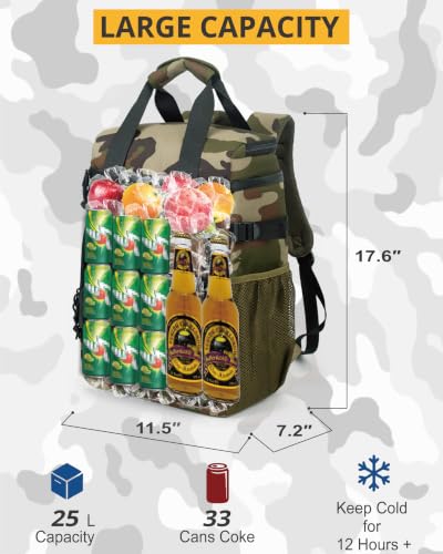 Tactical Backpack Cooler,25L Lunch Ice Chest with Handle for Men Adult Work - color: Camo Green