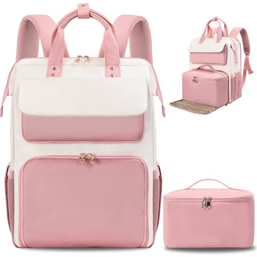 BERTASCHE Lunch Backpack for Women, 15.6 Inch Laptop Backpack with Insulated Cooler Lunch box, Nurse Backpack for Teacher Work Travel College Picnic,Pink-Beige - color: Pink-beige, size: 15.6 inch