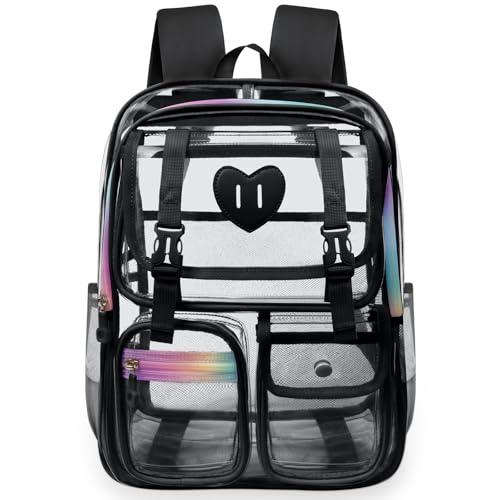 Clear Backpack for Girls Women Heavy Duty Transparent Bookbag School Backpack with Mesh Pockets Stadium Approved See Through Backpack (Black) - color: Black