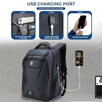 Swissdigital Design Men's Laptop Backpack for College and Business Travel with Integrated USB Charging Port and RFID Protection Fits Laptops up to 15.6 inch, Blue | SD1695-12 - color: Blue