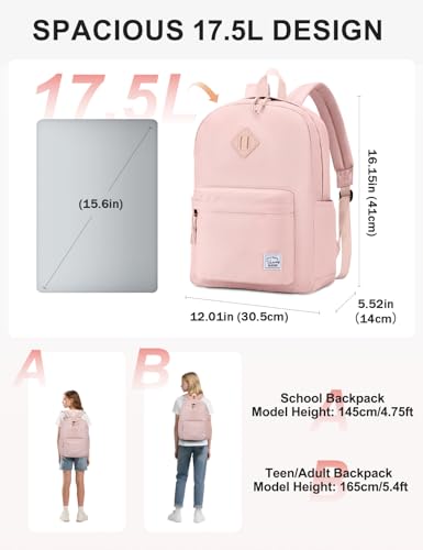 VASCHY Lightweight Backpack for School, Water Resistant Classic Bookbag with Side Pockets for Girls,Kids,Teens Blush Pink - color: Blush Pink