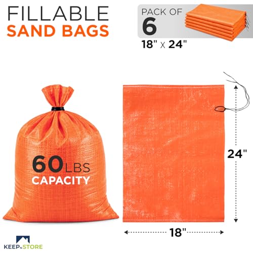 Heavy Duty Sand Bags Pack of 6, Bright Orange Empty Sandbags with Built-In Ties, Woven Polypropylene UV Protection 1600 Hours, Fillable Bags for Flood Control, Weight, 18x24 inches, 60 Pounds Volume - size: 18"W x 24"L, style: Pack of 6