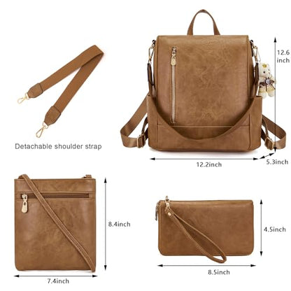 Soperwillton Women Fashion Backpack Purse Anti-Theft Leather Shoulder Bag Travel Multi Pockets Handbag Wallet Set 3pcs - color: Teabrown