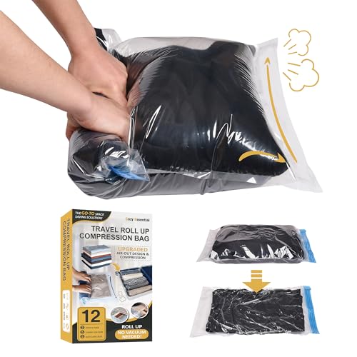 Cozy Essential Compression Bags for Travel - Travel Essentials - 12 Pack Space Saver Plastic Packaging Bags - No Vacuum Needed - Compression Packing Bags for Cruise Accessories - size: 12 Travel