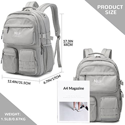 Water Resistant Backpack for Teen Girls Boys Students, Casual Multi Pockets Daypack with 15.6 inch Laptop pocket for Travel School College (Grey) - color: Grey With Embroidery