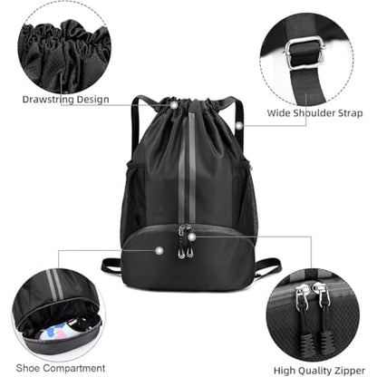 Drawstring Backpack Gym Bag with Shoes Compartment, Dry and Wet Separation