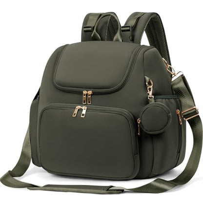 CEI-CEI Neoprene Diaper Bag Backpack Stylish Baby Maternity Bags Travel Tote for Mom with Insulated Pockets, Changing Pad, Stowable Shoulder Strap - color: Dark Green