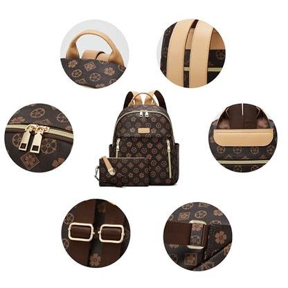 Makes Mini Backpack for Women, Stylish Daypack Purse Handbag Small Casual Daily Travel Bag, Lady Girls Gifts for Work School, 2pcs Sets - color: Coffee Flower