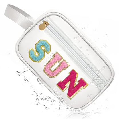 COSHAYSOO Clear SUN Makeup Bag Sunscreen SPF Pouch Beach Pool Lake Spa Travel Cosmetic Toiletry Stuff Organizer for Women Teenage Girls Mothers Day Nurse Appreciation Graduation Preppy Gifts - color: White-SUN