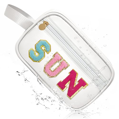 COSHAYSOO Clear SUN Makeup Bag Sunscreen SPF Pouch Beach Pool Lake Spa Travel Cosmetic Toiletry Stuff Organizer for Women Teenage Girls Mothers Day Nurse Appreciation Graduation Preppy Gifts - color: White-SUN