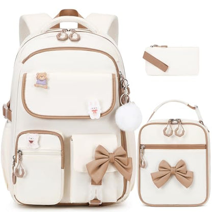ACESAK Girls Backpack - 3PCS Backpack for Girls Cute School Backpacks for Girl Kindergarten Elementary Preschool Middle Kids School Bags with Lunch Box Pencil Case Set (Beige khaki) - color: Beige Khaki