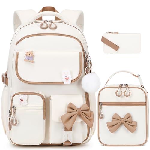 ACESAK Girls Backpack - 3PCS Backpack for Girls Cute School Backpacks for Girl Kindergarten Elementary Preschool Middle Kids School Bags with Lunch Box Pencil Case Set (Beige khaki) - color: Beige Khaki