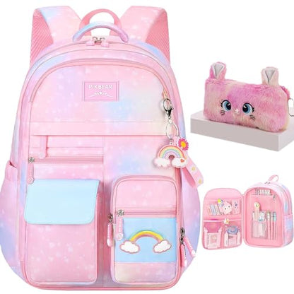 Girls Backpack, School Backpacks Rainbow Student Backpa,Kawaii Kids Backpack,Book Bag for Elementary Primary School - color: Pink